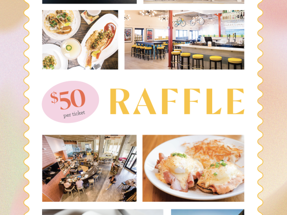 Image of various foods, restaurants, and a hotel, with the words, RAFFLE, $50 per ticket.