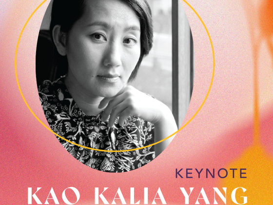 Black and white photo of Hmong American woman, with short black hair, sitting pensively by a window looking at the camera. The photo is cropped in an oval and sits on a gradient of pinks, oranges, yellows, and tans. It reads, Keynote: Kao Kalia Yang, Sponsored by The Seidl Foundation.