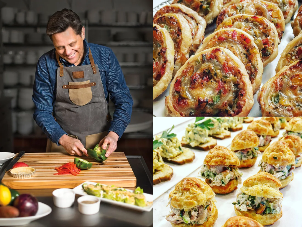 Portrait of chef slicing vegetables in a kitchen, and several appetizers.