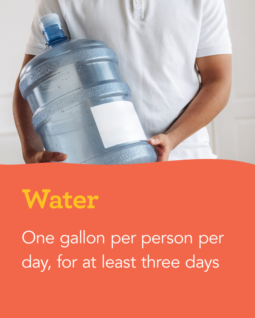 Water: One gallon per person per day, for at least three days.