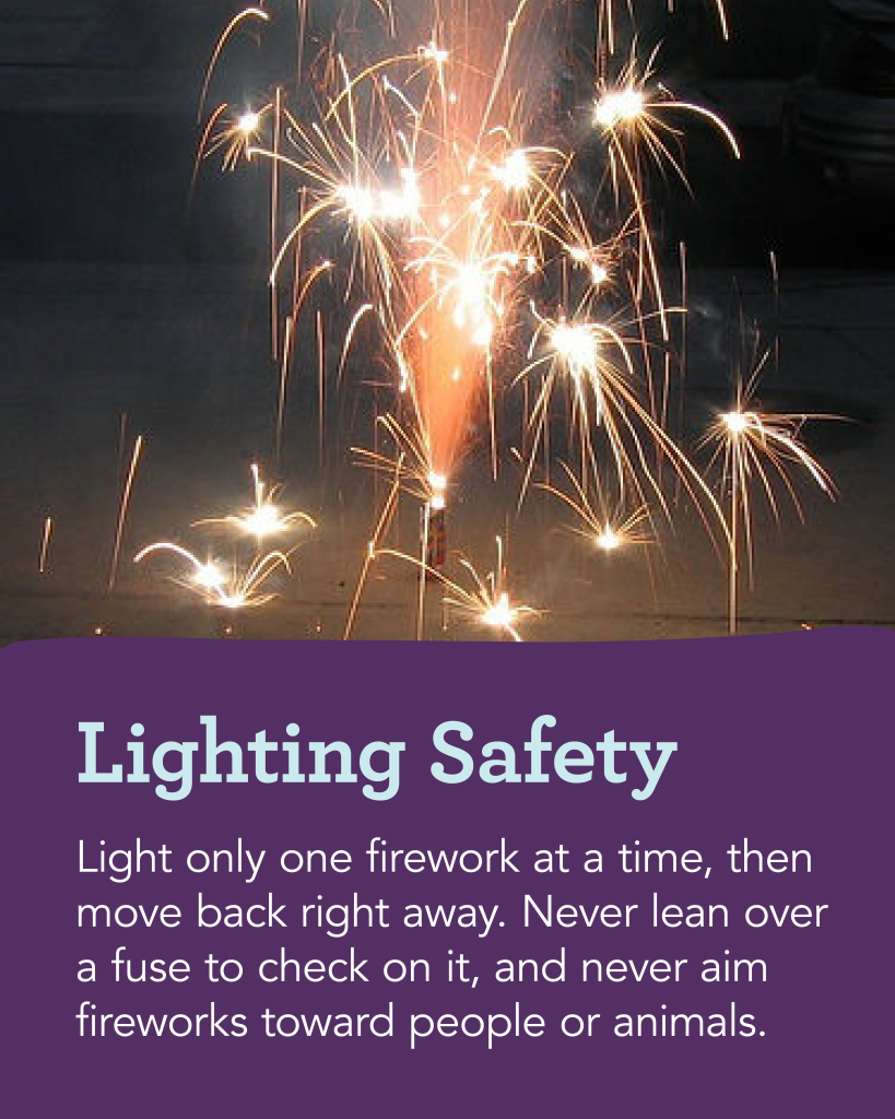 Fireworks Safety—Lighting Safety: Light only one firework at a time, then move back right away. Never lean over a fuse to check on it, and never aim fireworks toward people or animals.