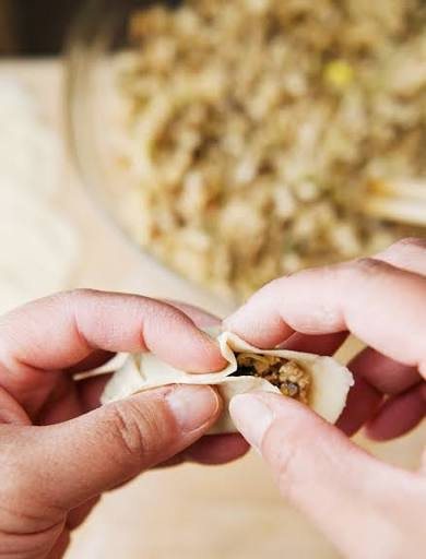 Hands folding a potsticker